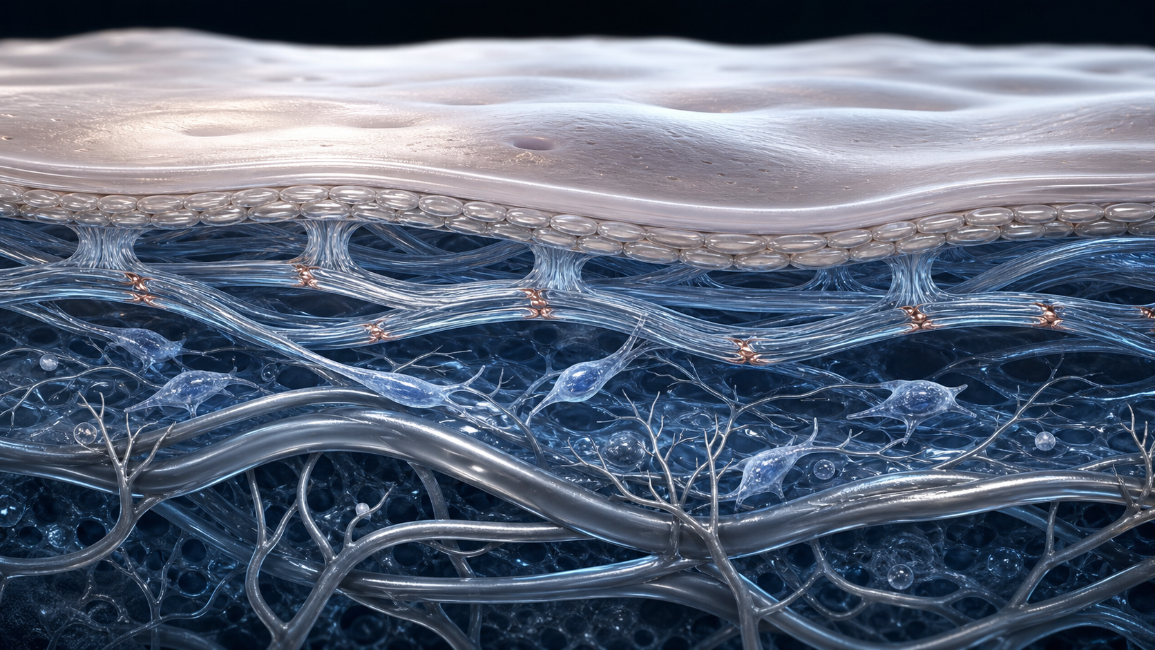 Scientific cutaway of layered skin, collagen architecture, and microvessels