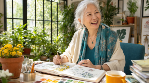 Silver-haired woman smiling while sketching botanical studies in a bright studio