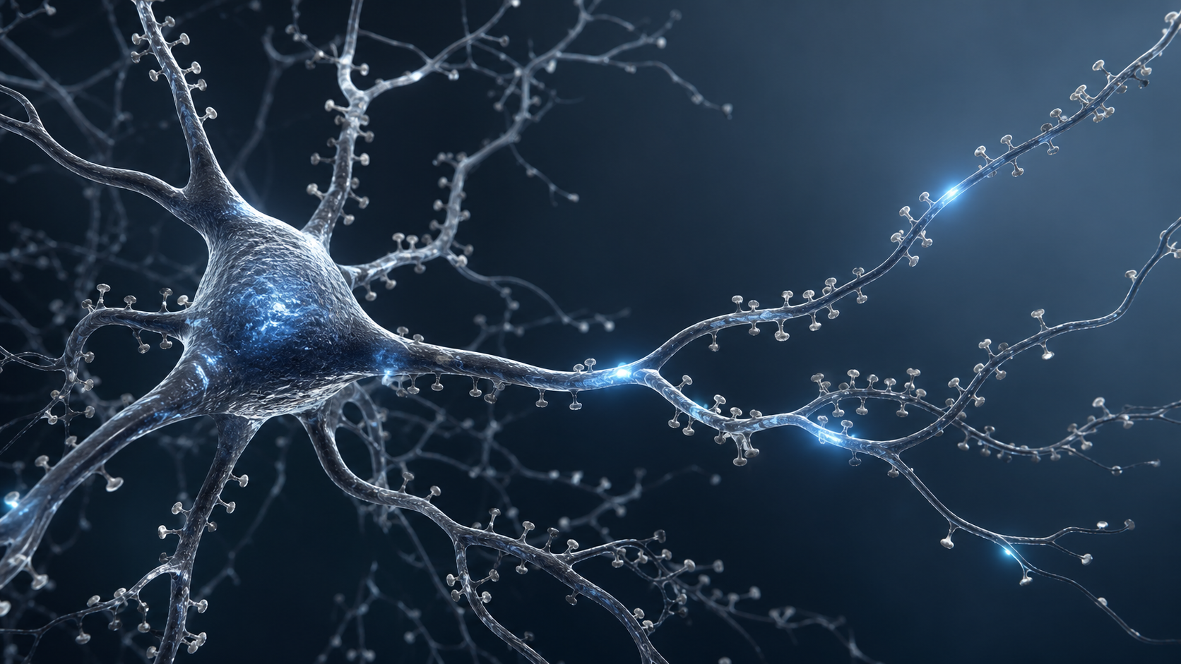 Blue-grey scientific visualization of a neuron with branching dendrites and dendritic spines