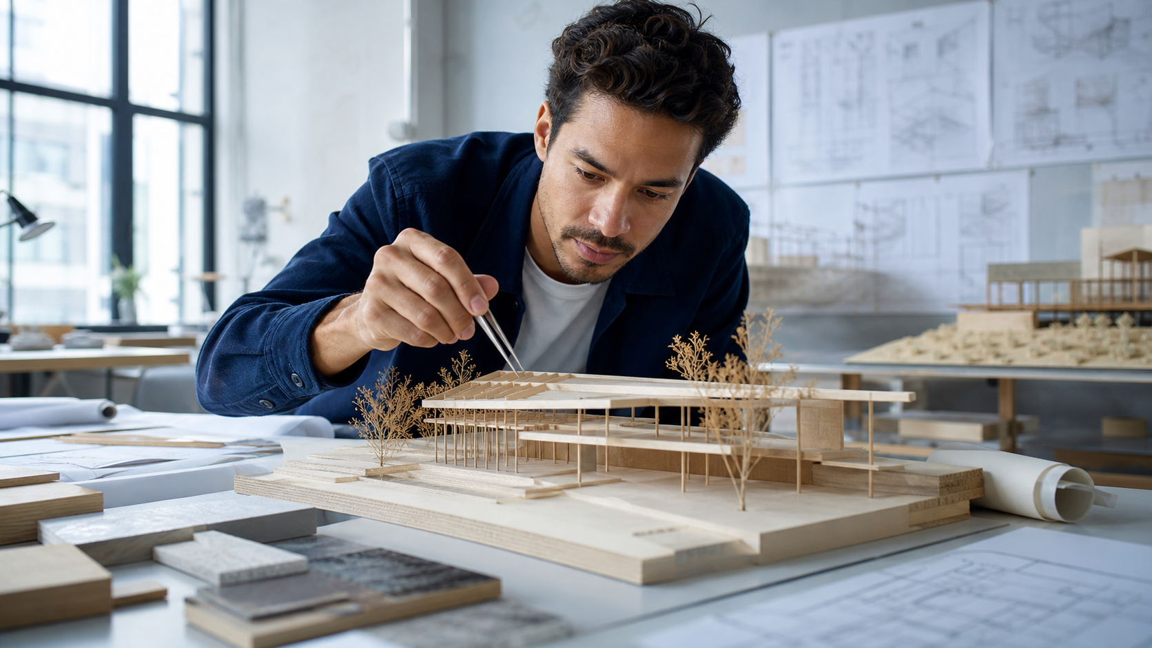 Architect concentrating on a detailed physical model in a design studio