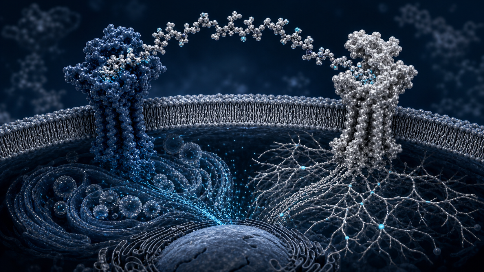 Scientific visualization of two receptor pathways converging inside a metabolic cell