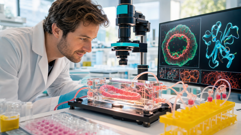 Research scientist examining colorful connective-tissue microscopy in a modern laboratory