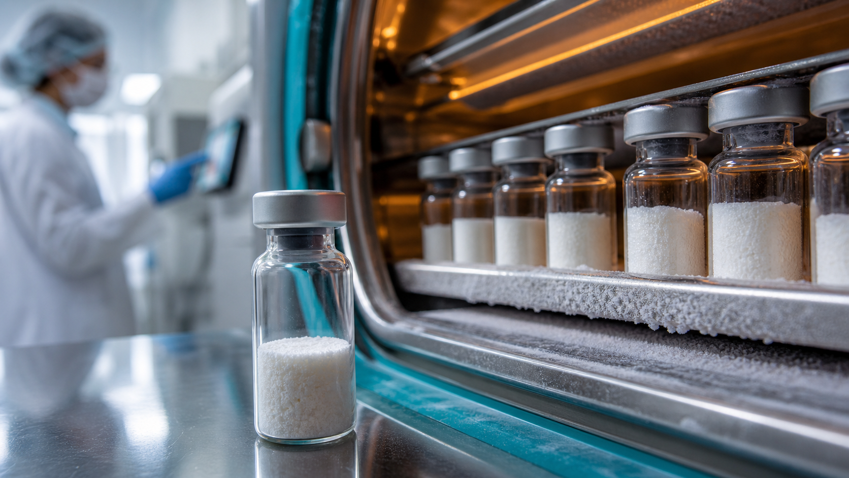 Array of sealed research vials showing varied lyophilized powder cakes under bright laboratory light