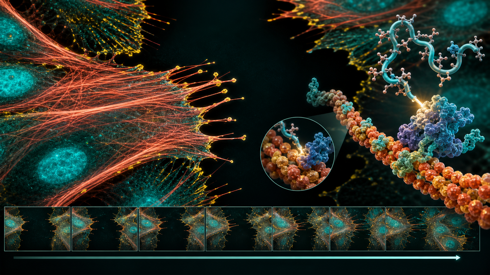 Colorful scientific visualization of actin-guided cell migration through connective tissue