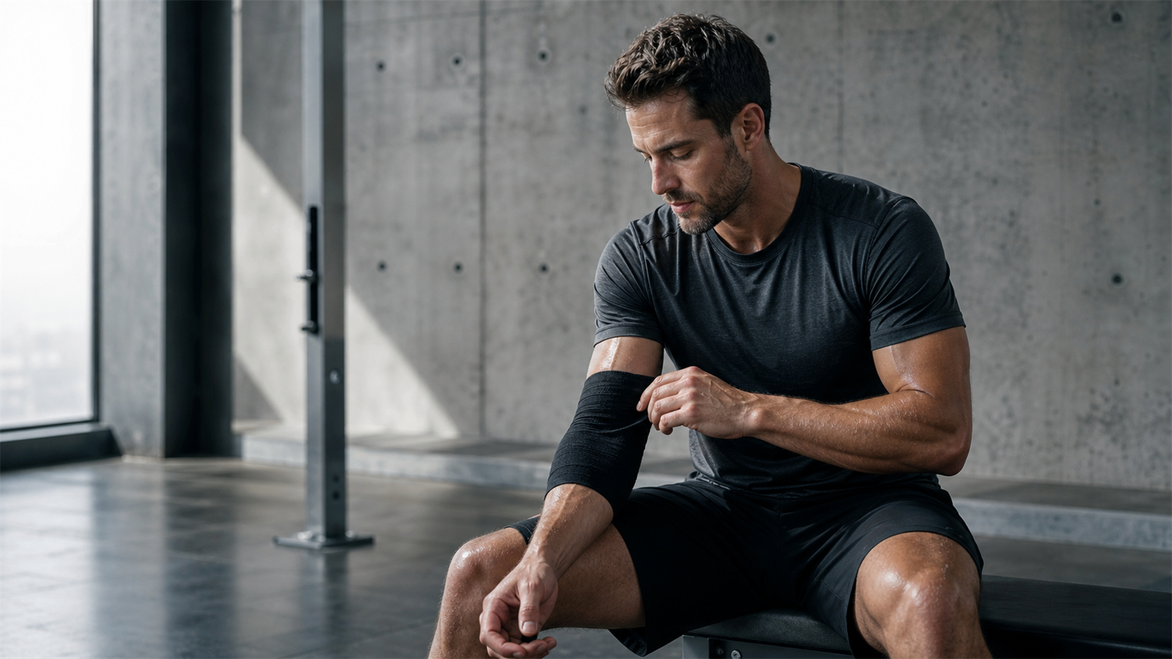 Athletic man recovering after strength training in a modern studio