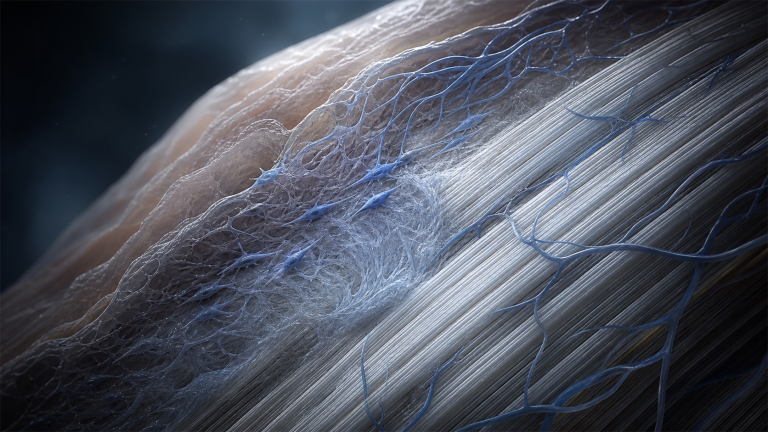 Blue-grey scientific visualization of tendon fibres and connective-tissue microstructure