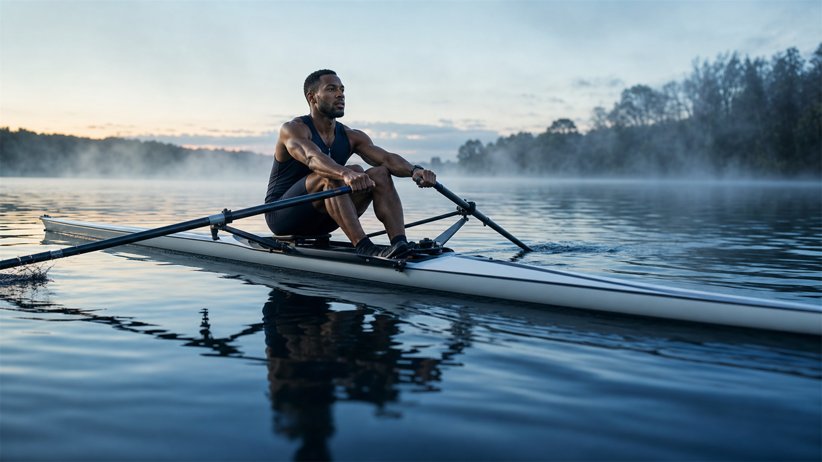 Strong rower training on a calm blue-grey lake at dawn