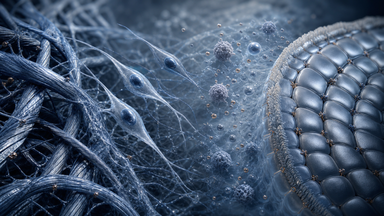 Scientific visualization of collagen, migrating cells, immune signals, and an epithelial barrier