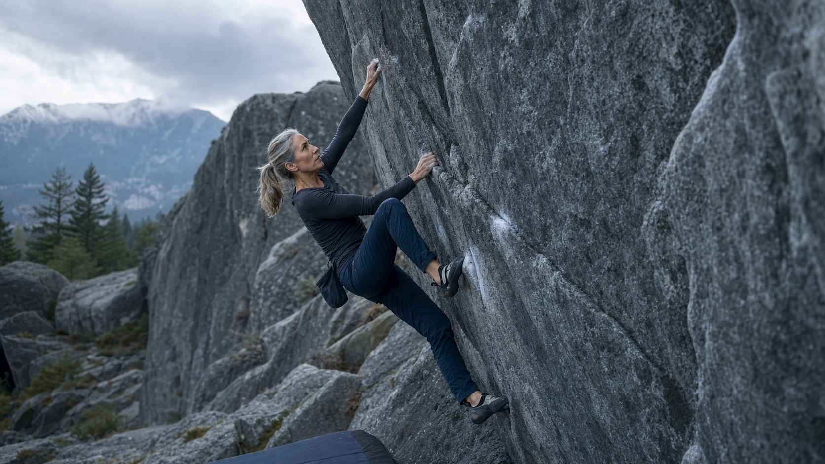 Strong mature climber making a precise move on blue-grey granite
