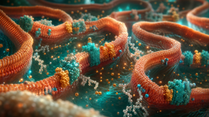Colorful scientific visualization of mitochondrial cristae and respiratory complexes