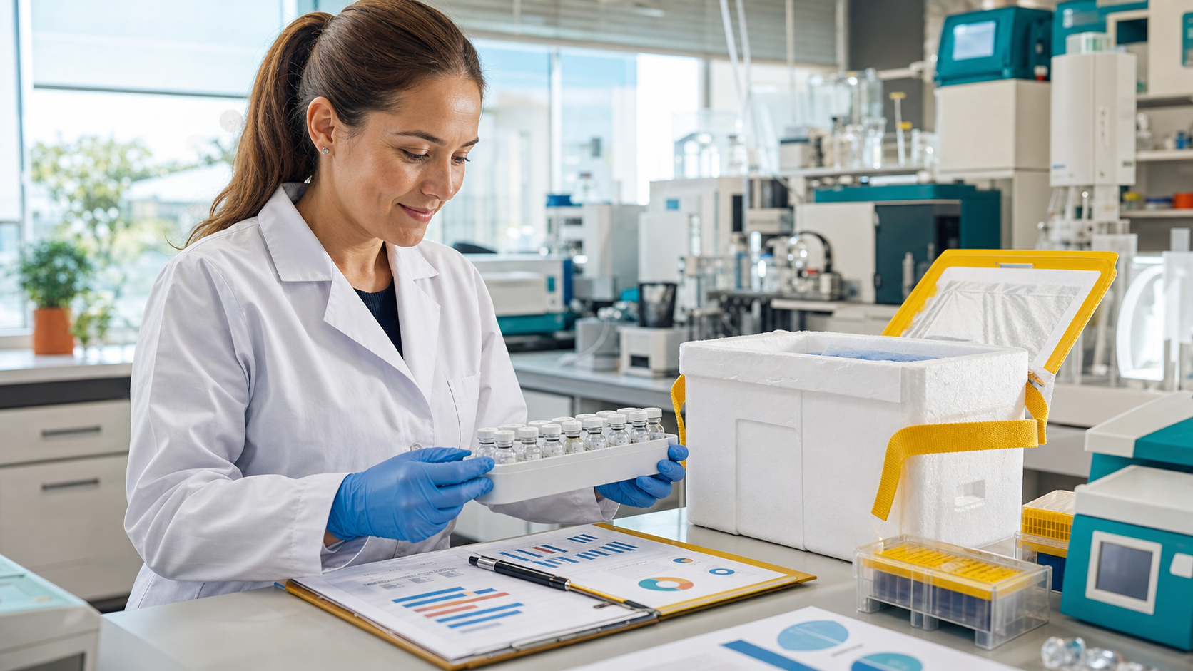 Laboratory quality specialist reviewing sealed research vials and supplier documentation
