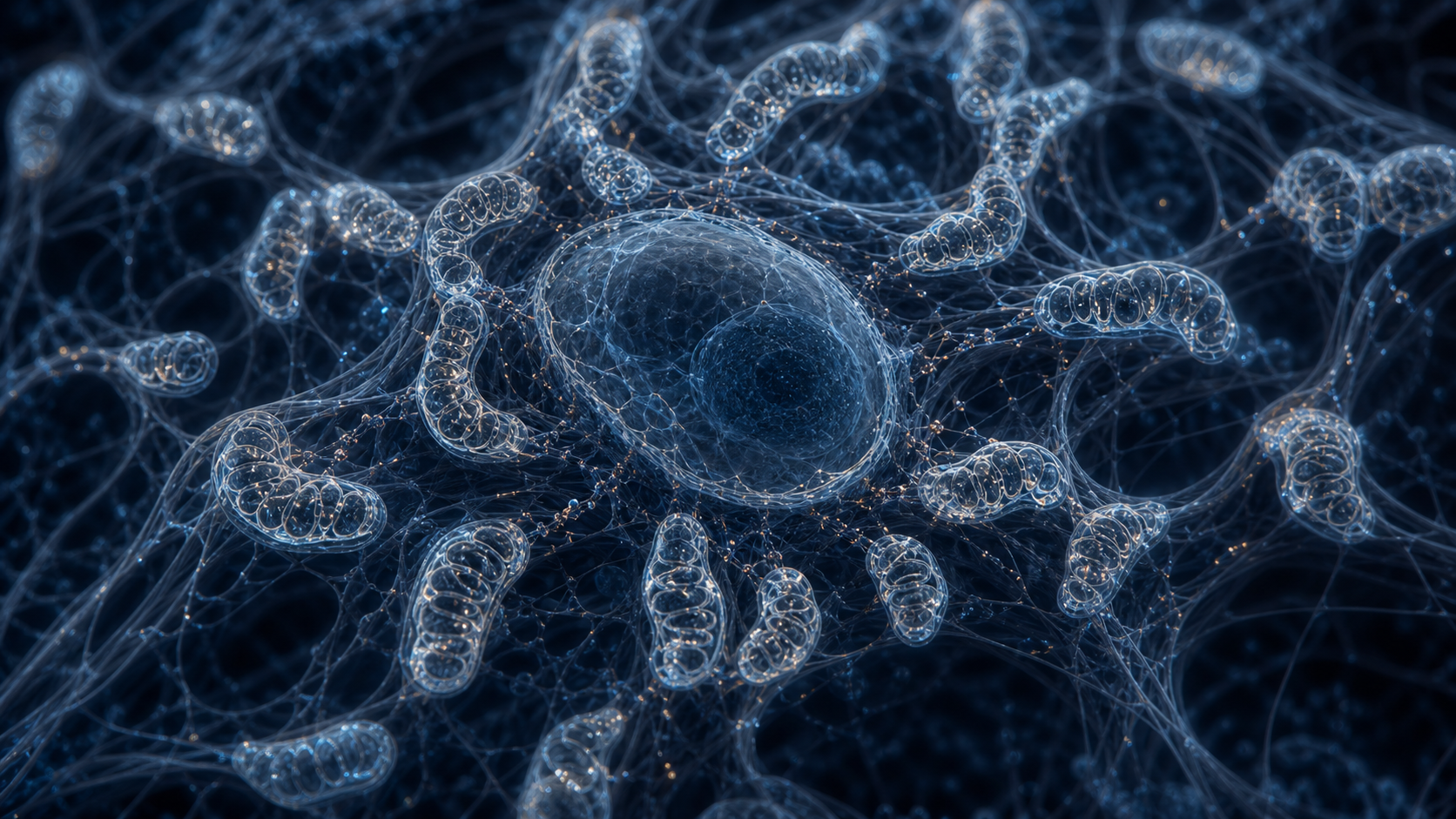 Blue-grey mitochondrial assay imagery showing cellular energy structures under study