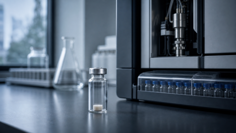 Analytical laboratory scene with a sealed research vial and chromatography equipment
