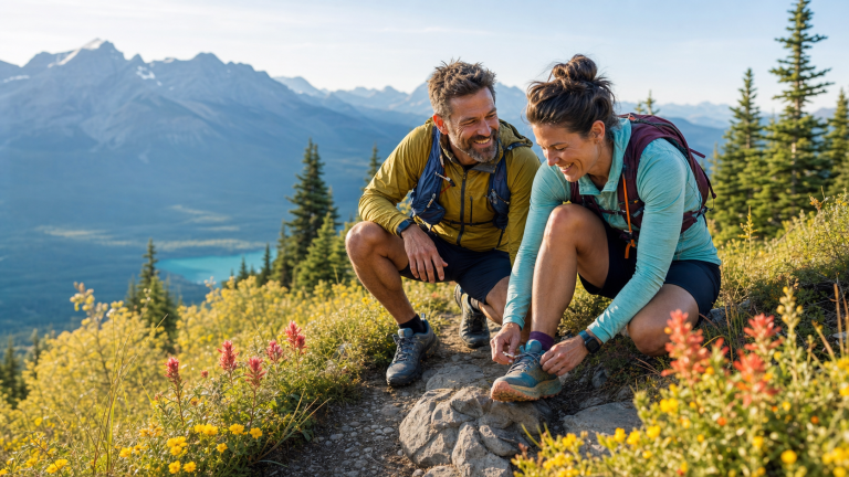 Two trail runners laughing while pausing to retie a shoe on a bright mountain trail