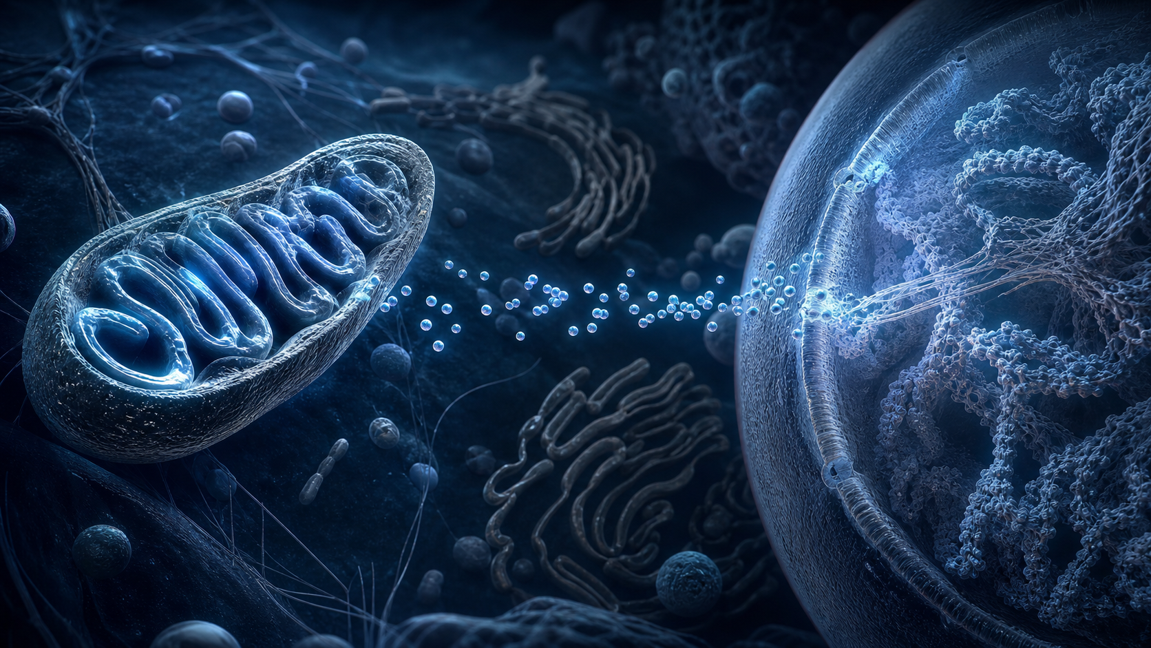 Scientific visualization of signalling between a mitochondrion and the cell nucleus