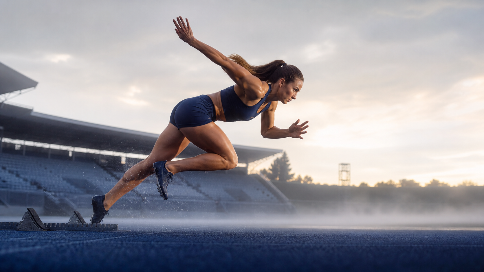 Powerful sprinter accelerating from starting blocks on a blue-grey track