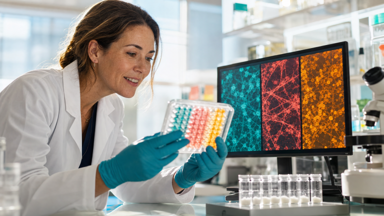 Scientist reviewing three colorful metabolic assay channels beside research vials