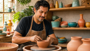 Ceramic artist smiling while shaping clay in a colorful sunlit studio