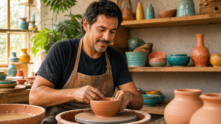 Ceramic artist smiling while shaping clay in a colorful sunlit studio